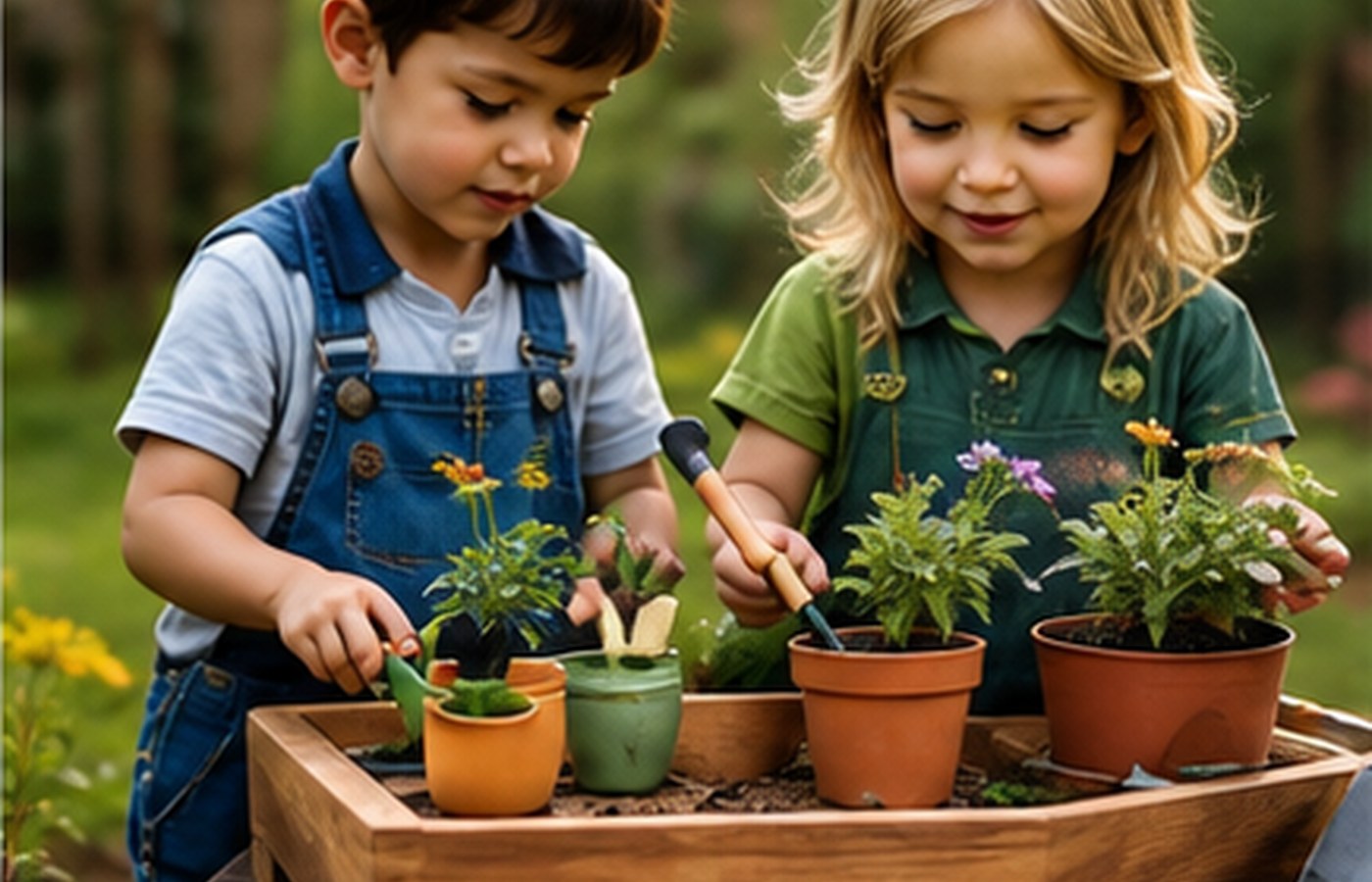 Two children gardening