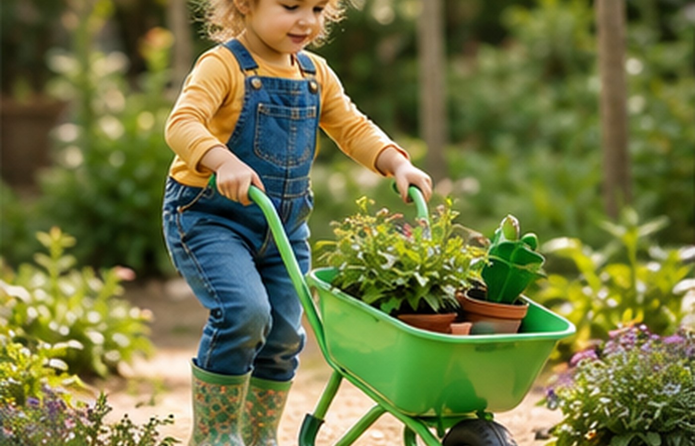 Child pushing a green wheelbarrow