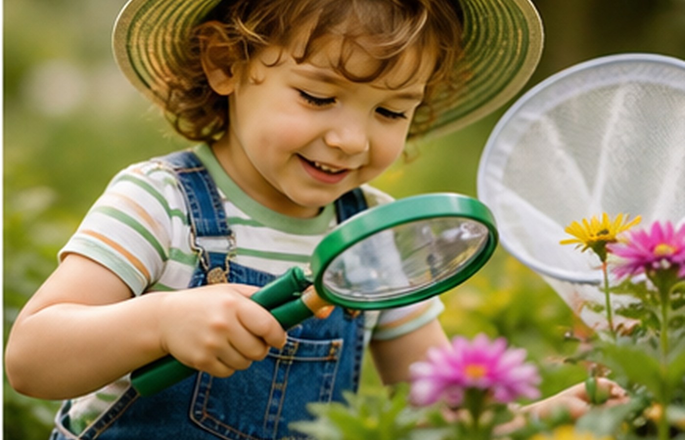 Child exploring flowers with a magnifier