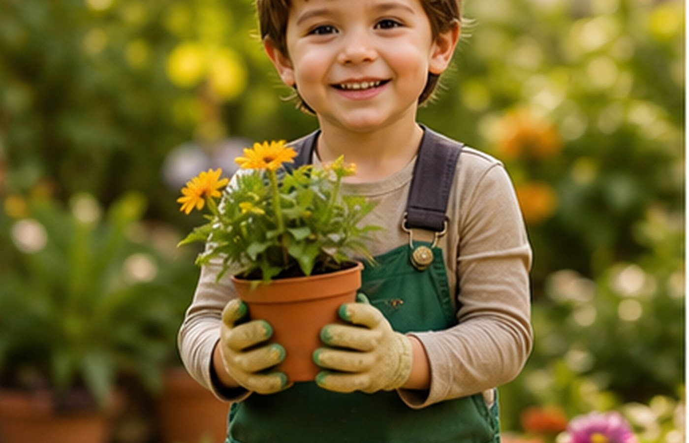 Child holding potted flowers