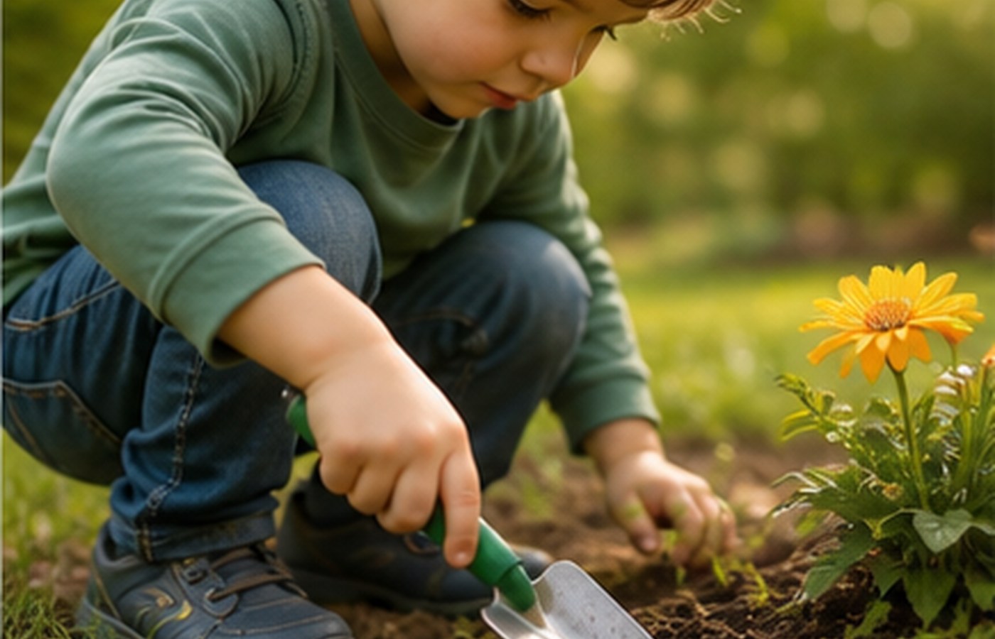Child planting flowers in a backyard garden
